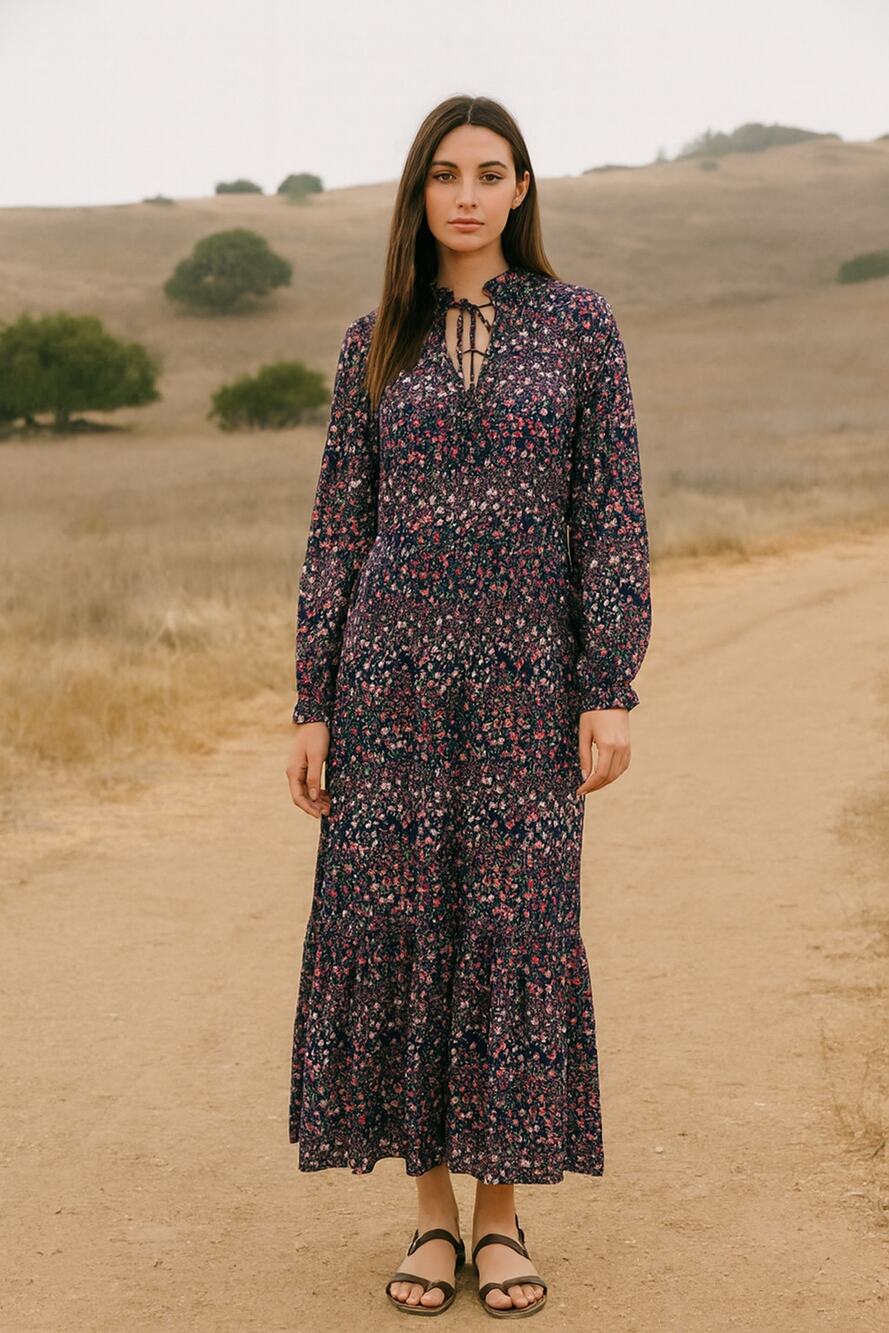 Y.A.S Yasmalone Oversized Floral Long Sleeve Maxi Dress‎ Boho 7/8 Sz Small